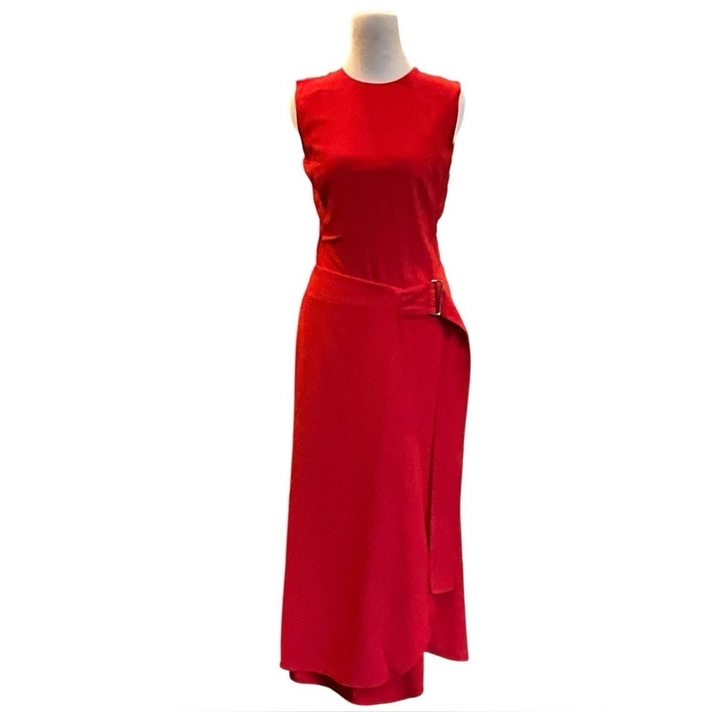 Victoria Beckham Red Crepe Midi Dress with Buckle - Picture 2 of 6